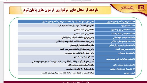 محل برگزاری آزمون های پایان ترم 4002 (نیمسال دوم سال تحصیلی 1400-1401)
