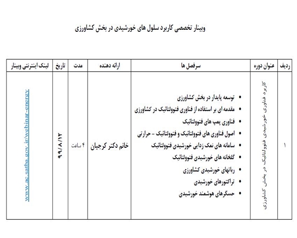 وبینار تخصصی کاربرد سلول های خورشیدی در بخش کشاورزی
